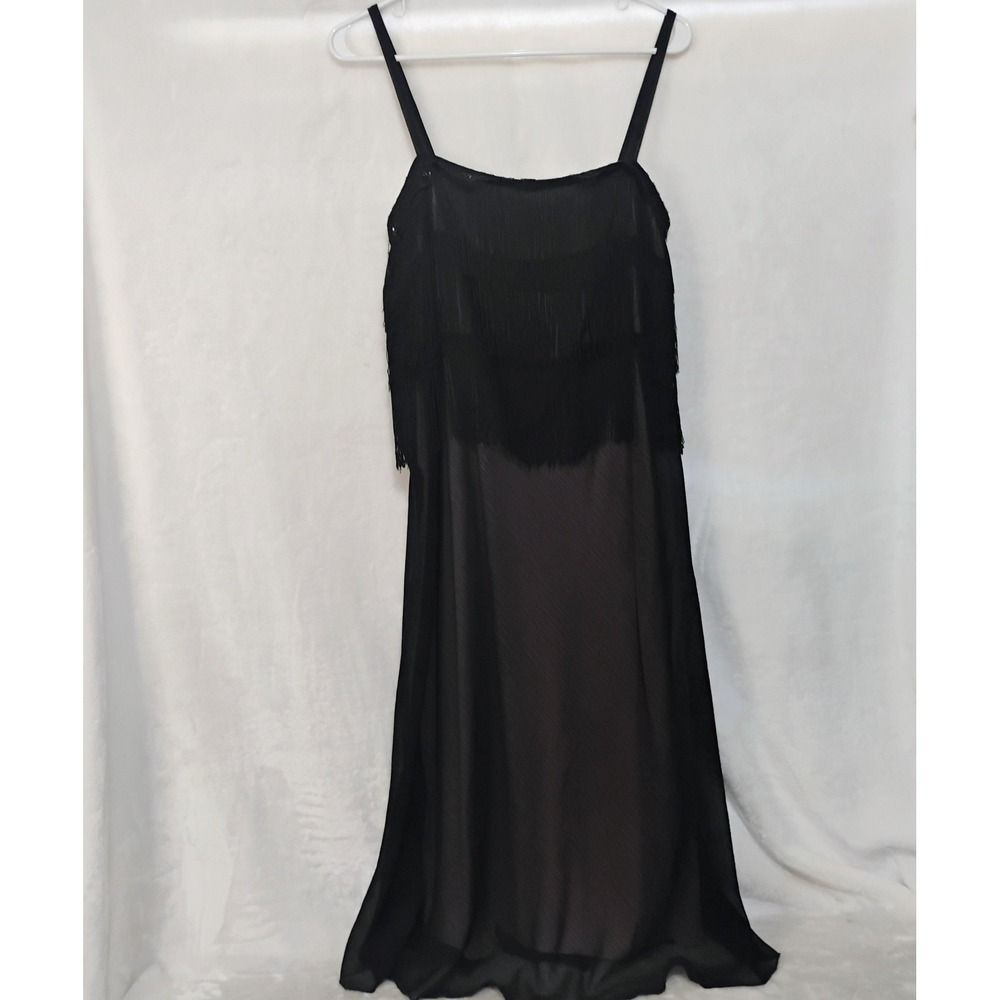 Believe Black Fringe Midi Dress Pink Lining Vintage Style Size 12 Flapper